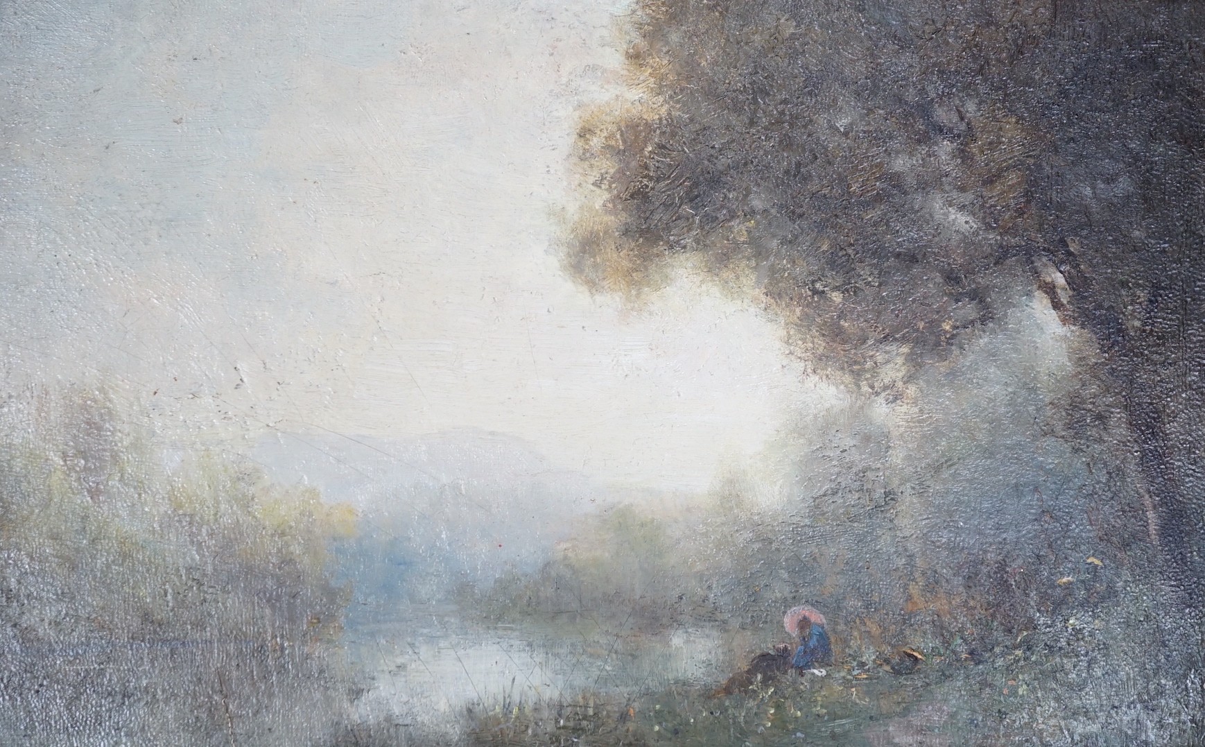 Robert Crannell Minor (American, 1839-1904), oil on panel, Ethereal river landscape, signed, 15 x 23cm